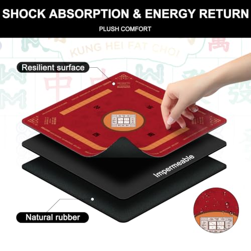 Red Mahjong Mat for Table with Rules, 31.5" x 31.5" Noise Reduction Non Slip Waterproof Mah Jong Table Mat with Carrying Bag, Suitable for Mahjong, Poker, Board Games, Dominoes, and Card Games - color: Red
