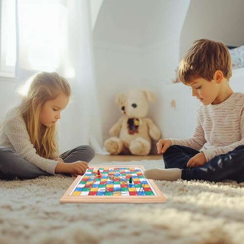 Gothink Wooden Snakes and Ladders Game - 13 Inch Educational Board Game for Children Ages 3 and Up & Adults - Classic Board Game Includes 6 Counters & 2 Dice, Rules
