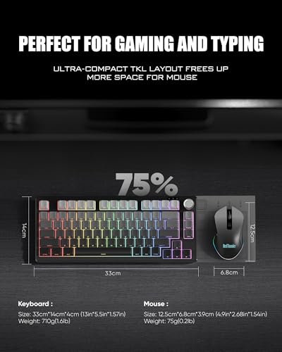RedThunder K75 Wireless Membrane Keyboard & Mouse Combo,75% Side-Engraved Keycaps,Optical Gaming Mouse with 4800DPI,3 Modes(BT/2.4G/Wired),Dual System,RGB Backlit,Rechargeable Battery,Gradient Gray - color: Gray Gradient