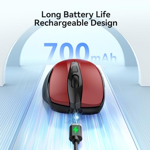 TECKNET Rechargeable Jiggler Wireless Mouse, Dual-Mode Connectivity, Red | Silent USB A & Bluetooth Mouse, 6 Adjustable DPI, 6 Buttons, Ergonomic Design, Long Battery Life, Multi-Device Compatibility - color: Red