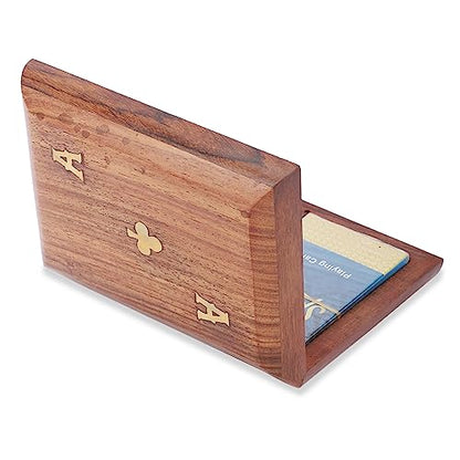 Ajuny Wooden Playing Card Box 15x12 cm, Double Deck Organizer with 2 Sets | Handcrafted Brass Inlay Club Design Elegant Twin Card Collector Decorative Storage Case Organiser Housewarming Gift 15 x 12cm