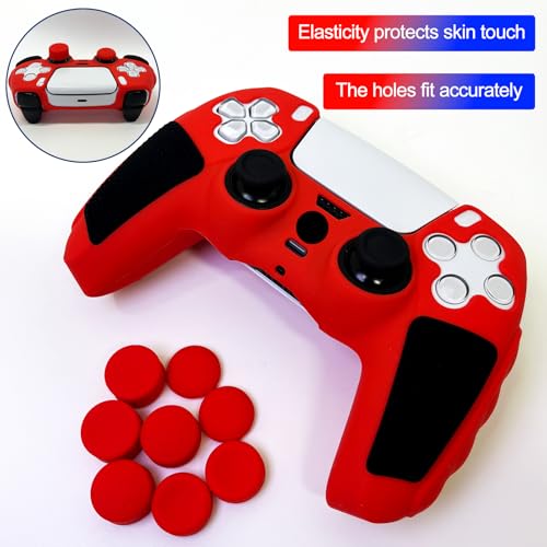 Anti-Slip Red PS5 Controller Skin,Soft Thicken Studded Protective Silicone Cover Skin Grips Compatible with PS5/Slim/Pro Controller and 8 PCS Thumb Grips Caps. - color: Red&Black