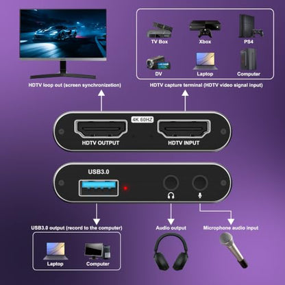 4K HDMI Capture Card, USB 3.0 Video Capture Card for Streaming | Wide Device Compatibility, OBS Compatible, 1080P 60FPS Recording Support