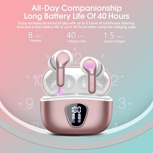 Wireless Earbuds, Bluetooth 5.4 Headphones HiFi Stereo, Bluetooth Earbuds with ENC Noise Cancelling Mic, IP7 Waterproof in Ear Earphones, 48H, LED Display Ear buds for Pad Workout Sports, Rose Gold - color: Rose Gold