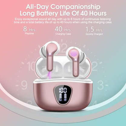 Wireless Earbuds, Bluetooth 5.4 Headphones HiFi Stereo, Bluetooth Earbuds with ENC Noise Cancelling Mic, IP7 Waterproof in Ear Earphones, 48H, LED Display Ear buds for Pad Workout Sports, Rose Gold - color: Rose Gold