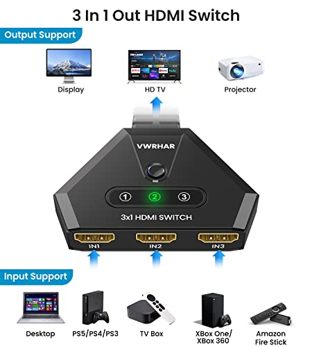 HDMI Switch 4K HDMI Splitter, Automatic HDMI Switch 3 in 1 Out with Pigtail HDMI Cable, 3 Ports HDMI Switcher Support HDCP 2.2 Full HD 4K 1080P 3D for Fire Stick Apple TV PS5 PS4 Xbox PC