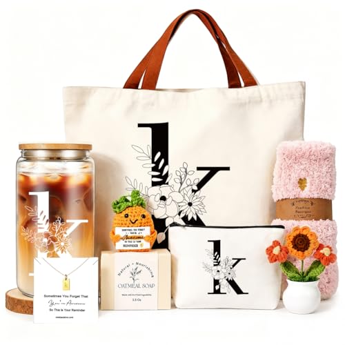 DHQH Birthday Gifts for Women, Monogrammed Gifts Box Included 16 oz Initial Glass Drinking Cup,Canvas Tote Bag, Personalized Iced Coffee Tumbler Gift for Women Her Mom Teacher Friends Sister, K - color: letter-cup-k