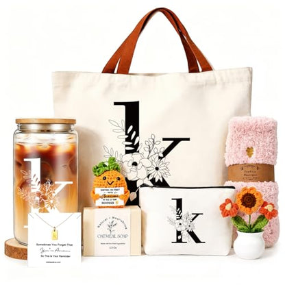 DHQH Birthday Gifts for Women, Monogrammed Gifts Box Included 16 oz Initial Glass Drinking Cup,Canvas Tote Bag, Personalized Iced Coffee Tumbler Gift for Women Her Mom Teacher Friends Sister, K - color: letter-cup-k
