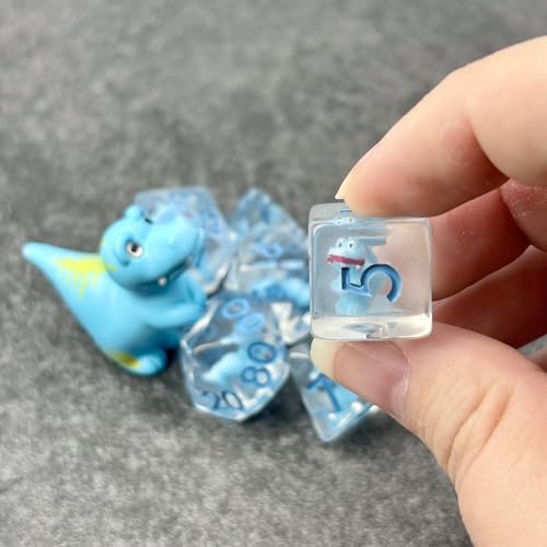 Sage's Portal Animal Familiars Resin DND Dice Set Polyhedral Dice Set for Dungeons and Dragons RPG Pathfinder Tabletop TTRPG (Blue T-Rex + Figurine) - color: Blue T-rex + Mini Figure, style: Dice Set +Mini Figure