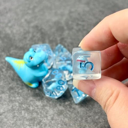 Sage's Portal Animal Familiars Resin DND Dice Set Polyhedral Dice Set for Dungeons and Dragons RPG Pathfinder Tabletop TTRPG (Blue T-Rex + Figurine) - color: Blue T-rex + Mini Figure, style: Dice Set +Mini Figure