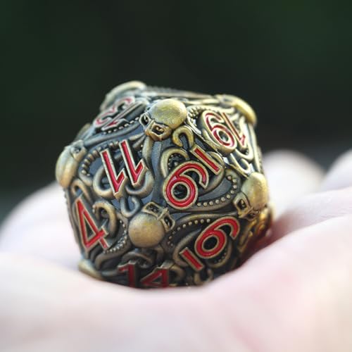 Metal D20 Dice with Intricate Octopus Design Antique Finish & Red Numbers for Call of Cthulhu, RPGs-DNDWoW BZQR - color: Antique Color Octopus D20 With Red Numbers