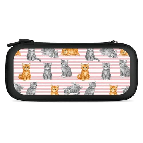 PPIKTC Game Console Storage Bag Compatible with Nintendo Switch, Pink Stripes Cute Cat Hard Shell Shockproof Travel Carrying Pouch with 15 Game Cartridges - color: Design (219)