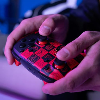 PDP REMATCH GLOW Enhanced Wireless Nintendo Switch Pro Controller, Rechargeable 40 hour battery power, Dual Programmable Gaming Buttons, 30-foot Connection, Super Mario Icon (Black/Red Glow in the Dark)