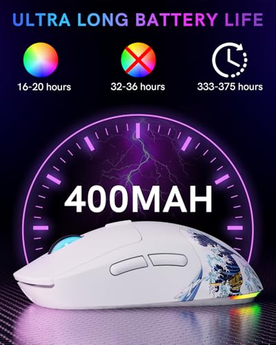 G57 Wireless Gaming Mouse, 8000 DPI, 80g, 2.4G/Bluetooth/USB-C Rechargeable Wireless Mouse with 5 Programmable Buttons for PC/Mac, White - color: White