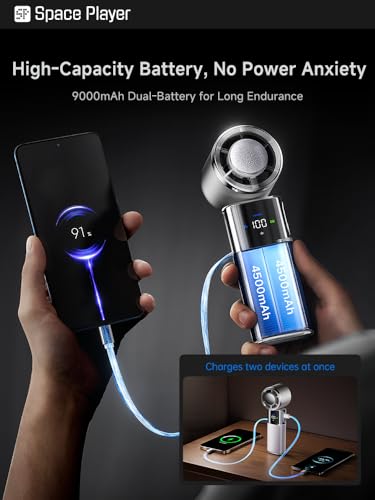Space Player Portable Handheld Fan Cooling Fan with Turbo Strong Airflow Small Portable Fan 4-in-1 Wearable Neck Fan & Desk Fan 9000mAh USB-C Rechargeable Battery LED Display Travel Fan Black - color: Black