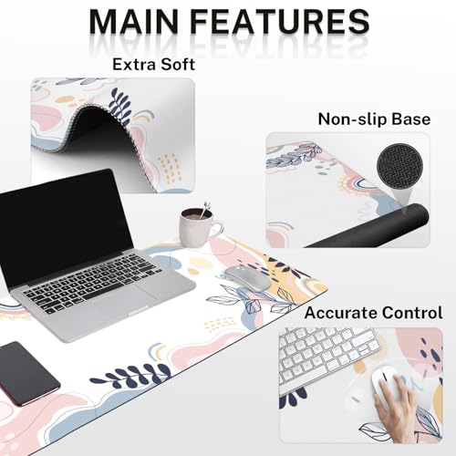 Arttown Keyboard Mouse Pad Set, 4 in 1 Desk Mat Set Tropical Leaves | Spring Pink Blue Large Mousepad+Keyboard Wrist Rest+Mouse Wrist Rest+Coaster Ergonomic Design for Home Office Computer - color: Leaves