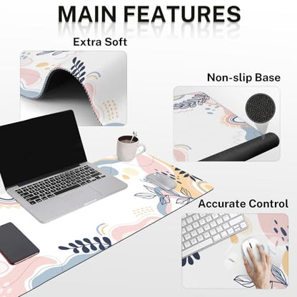 Arttown Keyboard Mouse Pad Set, 4 in 1 Desk Mat Set Tropical Leaves | Spring Pink Blue Large Mousepad+Keyboard Wrist Rest+Mouse Wrist Rest+Coaster Ergonomic Design for Home Office Computer - color: Leaves