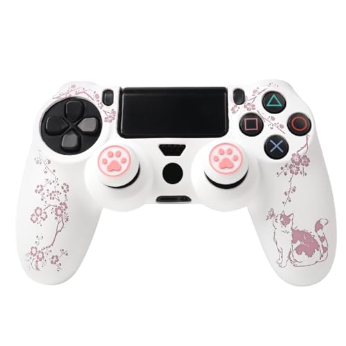 Cat Among Blossoming Branches Design Controller Skin Cover with 2 Thumb Grips Compatible with PS4/Playstation 4 Slim/Pro Controller - color: Cat White Pink