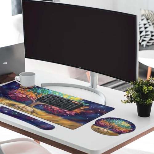 Britimes Colorful Tree Oil Painting Keyboard Mouse Pad Set Cute Dog 4in1 Large Mousepad+Keyboard Wrist Rest+Mouse Wrist Rest+Coaster Ergonomic Design for Home Office Computer 35.4x15.7 inches - color: Colorful Tree