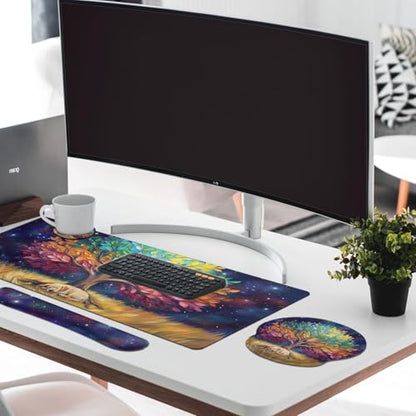 Britimes Colorful Tree Oil Painting Keyboard Mouse Pad Set Cute Dog 4in1 Large Mousepad+Keyboard Wrist Rest+Mouse Wrist Rest+Coaster Ergonomic Design for Home Office Computer 35.4x15.7 inches - color: Colorful Tree