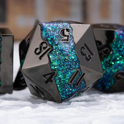 Metal Polyhedral Dice Set, 7PCS RPG Dice with Galaxy Glitter Resin Inlay for Dungeons and Dragons, Pathfinder Tabletop Role Playing Games - color: Black Nickel Dark Green