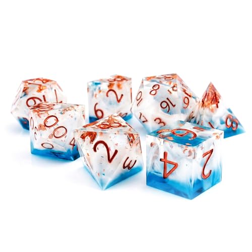 Haxtec Ocean Landscape DND Dice Set Sharp Edge Resin Polyhedral Dice, Sea D&D Dice with Metal Case, Handmade Gold Flake Inside Dice Set for Dungeons and Dragons TTRPG, Blue White Copper DND Gift - color: Blue White