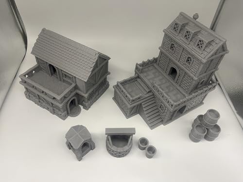 HAUTICO Middle Ages Medieval Town Buildings Terrain Set for Miniatures Tabletop Campaigns, Hobby Building, Diorama Kits, 3D Printed and Paintable, Gift for Tabletop Hobby Enthusiasts (18mm)