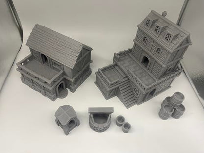 HAUTICO Middle Ages Medieval Town Buildings Terrain Set for Miniatures Tabletop Campaigns, Hobby Building, Diorama Kits, 3D Printed and Paintable, Gift for Tabletop Hobby Enthusiasts (18mm)