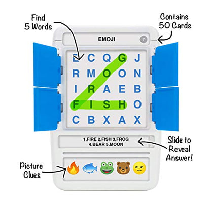 Word Search Travel Game - 100 Puzzles with Picture Clues | 50 Wipe Clean Cards with Slide Reveal case and Pen | Activity, Gift, Stocking Stuffer | for Kids and Adults, Age 6+ - style: Word Search