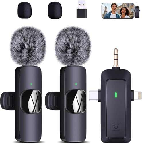 wireless lavalier microphone, suitable for iPhone/Android phones/cameras/computers/four in one lavalier microphone, suitable for video and audio recording, TikTok, etc., with microphone Bags, black