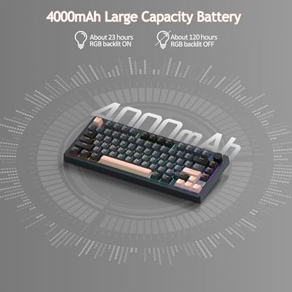 MageGee LIGHT75 Wireless Creamy Keyboard, Tri-Mode Bluetooth/2.4GHz/USB-C RGB Backlit, Gasket Hot Swappable Custom Gaming Keyboard for Win/Mac/PC, with Knob, 4000mAh Battery, Grey - color: Grey Beige/Pink Bear Switch