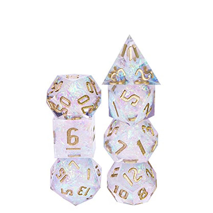 Cusdie Sharp Edges DND Dice, 7 PCs D&D Dice, Handcrafted Polyhedral Dice Set, for Dungeons and Dragon Role Playing Game(Transparent w/White Sparkle) - color: Transparent W/White Sparkle