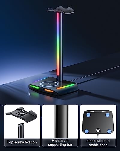 New Bee RGB Headphone Stand with 2 USB-C & 1 USB Charging Ports, Desk Gaming Headset Holder with 7 Light Modes and Non-Slip Rubber Base Suitable for All Earphone Accessories | 2 USB-C & 1 USB Charging Ports, 7 Light Modes, All Earphone Accessories