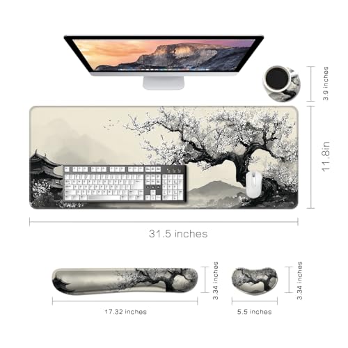 Desk Mat, Large Gaming Mouse Pad with Wrist Rest, 4 in1 XXL Mouse pad+Keyboard Wrist Rest+Mouse Pad Wrist Support+Cup Coaster Set, Ergonomic Desk Pad for Home Office, Japanese Cherry - color: Japanese Cherry Blossoms
