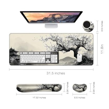 Desk Mat, Large Gaming Mouse Pad with Wrist Rest, 4 in1 XXL Mouse pad+Keyboard Wrist Rest+Mouse Pad Wrist Support+Cup Coaster Set, Ergonomic Desk Pad for Home Office, Japanese Cherry - color: Japanese Cherry Blossoms