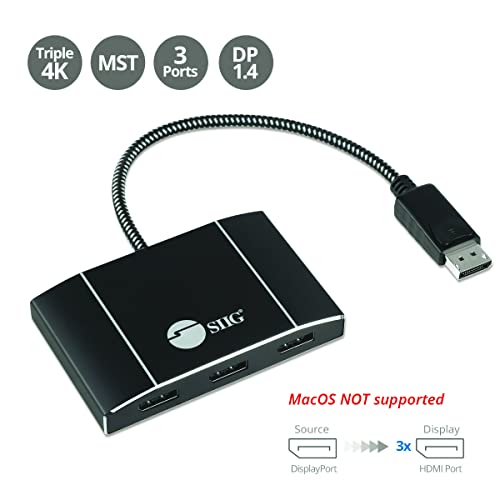 SIIG 1x3 DisplayPort 1.4 MST Hub, Triple 4K, Not for macOS, CE-DP0P11-S1 | Expand one DisplayPort 1.4 source to three 4K displays with MST; designed for Windows systems and not compatible with macOS. - size: DisplayPort 1.4 to, style: 3x DisplayPort