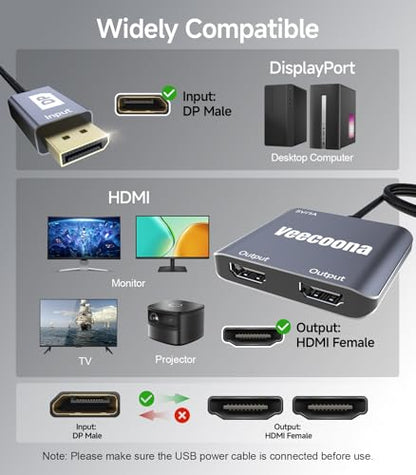 DisplayPort to Dual HDMI Adapter 1 in 2 Out | 4K60Hz | DP Source to HDMI Splitter Extended Display for Dual monitors, for Desktop,Laptop, Graphics Card - MACOS Not Support MST