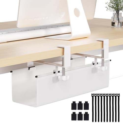 Under Desk Cable Management Tray 15.7" - No Drill Computer Wire Organizer Cable Tray, Cord Hider Clamp Mount with 16X Cable Ties PC Cables Management Cord Holder for Office/Home (Upgrade Fabric,White) - color: White, size: 15.7''