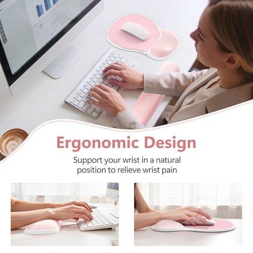 AKIT Ergonomic Mouse Pad and Keyboard Wrist Rest, Gel Wrist Rest for Computer Keyboard, Non-Slip Base, Pain Relief, Mousepad Set for Gaming, Home and Office, Pink - color: Pink