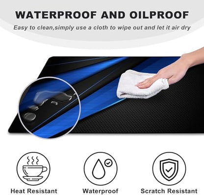 Desk Pad Large Gaming Mouse Pad Extended Keyboard Mouse Mat,Black Blue | 35.4 X 15.7 Inch Desk Pad Non-Slip Rubber Base Stitched Edge Computers Laptop Desk - color: Black Blue, size: 35.4" x 15.7"