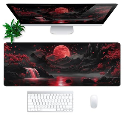 Darkness Red Moon Mouse Pad Abstract Red Mouse Pad 31.5x11.8 Inch Non-Slip Rubber Base Large Mousepad Stitched Edges Keyboard Mouse Mat Desk Pad for Office and Home(2) - color: Darkness Red Moon 2