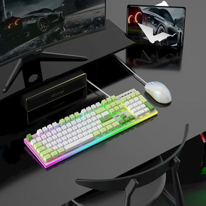 MageGee GT838 Gaming Keyboard and Mouse Combo, 104 Keys RGB Backlit Quiet Wired Keyboards with Number Pad, Metal Panel, Anti-Ghosting, Keyboards Set for Desktop, Laptop, PC, Green - color: White Green