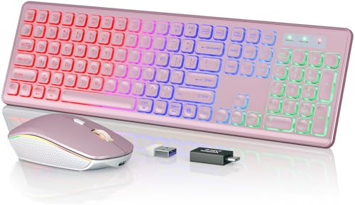 Wireless Keyboard and Mouse Combo, RGB Backlit, Trueque KM42Pro | RGB Rainbow Backlit, Rechargeable Keyboard Mouse, Sleep Mode, 2.4GHz Wireless, Silent Soft Typing, USB-C Adapter - color: Rose Pink