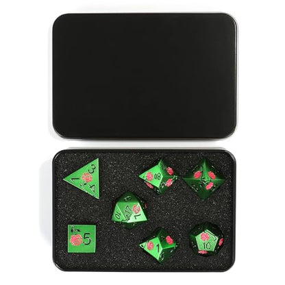 Rose Engraved Metal Dice Set 7PCS for DND RPG Tabletop Gaming | Solid zinc alloy build with 150g weight for balanced rolls(Green with Red Rose) - color: Green With Red Rose