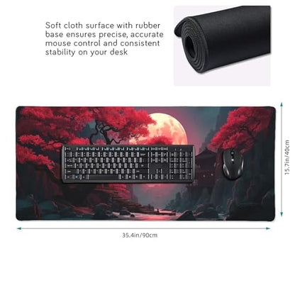 Extended Gaming Mouse Pad, Japanese Temple Scene, 35.4 x 15.7 inches, Non-Slip Base, Red Moon Design - color: Red Moon Canyon
