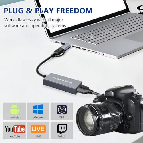 4K HDMI Video Capture Card 1080p60, USB 3.0 & Type-C, Plug-and-Play Game Capture for PS5/Xbox/Switch/Quest 3, iPad Pro/Mac/Windows/OBS, Zero-Lag Pass-Through, Pocket Aluminum Case