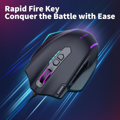 E-YOOSO Wired Large Gaming Mouse, RGB Backlit, 5 Macro Side Buttons, 200-12400 DPI, 11 Programmable Buttons, Rapid Fire Button, Adjustable Weights, Software Supports, Ergonomic for PC/Mac, Black