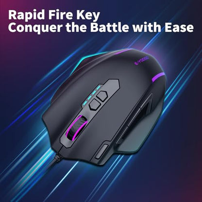E-YOOSO Wired Large Gaming Mouse, RGB Backlit, 5 Macro Side Buttons, 200-12400 DPI, 11 Programmable Buttons, Rapid Fire Button, Adjustable Weights, Software Supports, Ergonomic for PC/Mac, Black