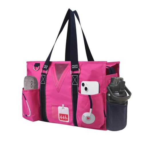 NGIL Utility Water Resistant Tote Bag | Work Tote for Women, Nurse Bag, Teacher's Choice Purse, Gym Bag, Everyday Organizer Top Zipper Closure - color: Nurse-hot Pink