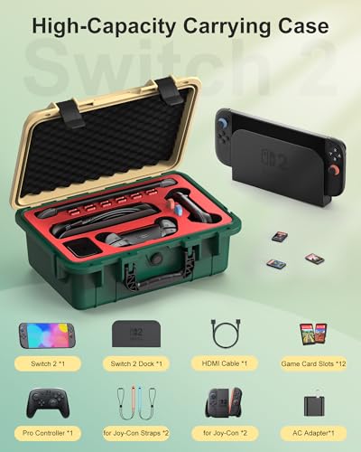 STARTRC GAMES Hard Carrying Case for Nintendo Switch 2, Professional Deluxe IP67 Waterproof, Soft Lining Hard Travel Case for Nintendo Switch 2 Console Pro Controller & Accessories (Yellow & Green) - color: Yellow and Green